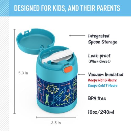 THERMOS FUNTAINER Kids Food Jar with Spoon, 10oz, Robot Doodles