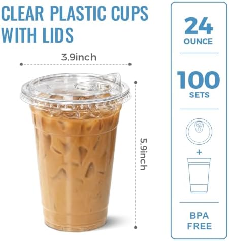 Ginkgo 100 Pack 24 oz Clear Plastic Cups with Strawless Sip Lids
