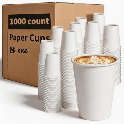 MOUMOULIFE Disposable Paper Coffee Cups 8 oz 1000 Count Bulk, Leak-Proof White Paper Coffee Cups, Hot/Cold Beverage Drinking Cups for Office Party Home Travel