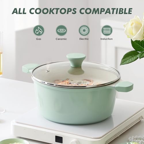 SENSARTE Ceramic Nonstick Stock Pot with Lid, 4.5 Quart, Green