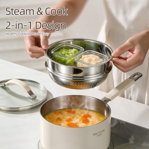 2.0 Quart Tri-Ply Stainless Steel Sauce Pan with Steamer, Heat Fast Evenly, Detachable Silicone Cover,Cooking Pot for All Cooktops