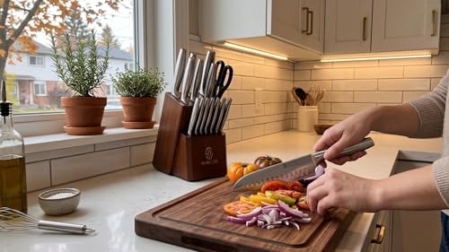 15-Piece Kitchen Knife Block Set, High-Carbon Stainless Steel Knives, Self-Sharpening Wooden Block, Premium Cutlery Set with Ergonomic Handle (Black, 15-pcs)