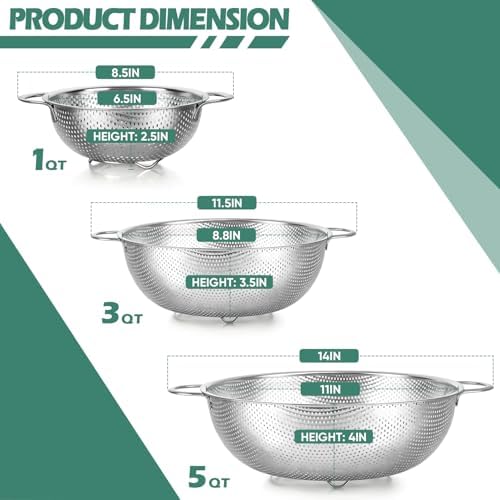 Leonyo Stainless Steel Colanders and Strainer Set, 3 Pack(1-3-5Quart)