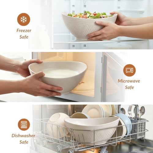 Homienly Wheat Straw Bowls, Large Salad Bowls Set of 6, 60 OZ Large Capacity Serving Bowl for Kitchen, Picnic, Camping,Lightweight Unbreakable Microwave and Dishwasher Safe Big Bowl - White