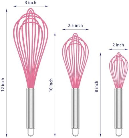 OYV Pink Silicone Whisk Set of 3, 8/10/12 Inch, Non-Scratch