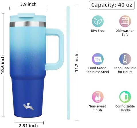 Konokyo 40 oz Insulated Tumbler Water Bottle with Handle, Straw Lid
