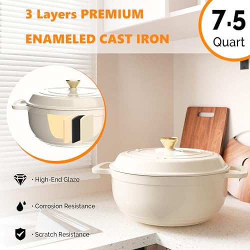 Bonnlo 7.5QT Round Dutch Oven, Enameled Cast Iron Dutch Oven Pot with Lid & Dual Handles, Oven Safe Up to 500° F, for Sourdough, Bread Baking, Stews and Roasting, White