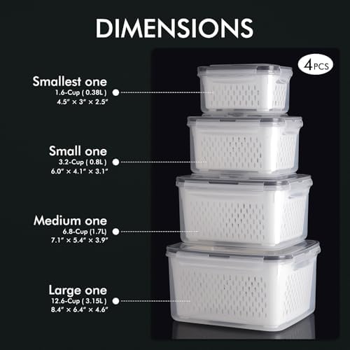 HOTEC 4-Pack Large Fruit Storage Container for Fridge,3.15L