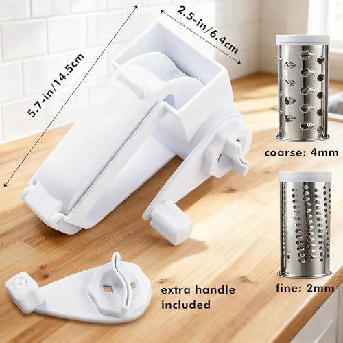 Rotary Cheese Grater with Handle, Handheld Cheese Grater with 2 Stainless Steel Drums for Cheese Nuts Chocolates Vegetables, Includes Extra Handle