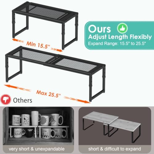 2 Pack Expandable Kitchen Cabinet Shelf Organizer, 15.5"-25.5" Long Adjustable Storage Shelves Organizers for Kitchen Countertop Pantry Cupboard Table Desk Counter, Stackable, 30LBS Load Capacity