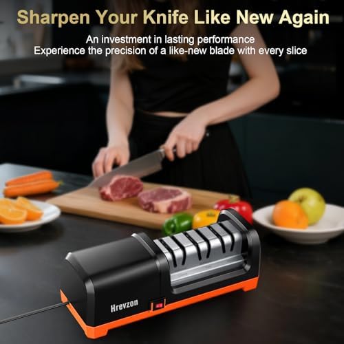2026 New Electric Knife Sharpener for Kitchen Knives, 3-Stage Professional Automatic Quickly Sharpening/Polishing System with 100% Diamond Abrasives, 20° Precision Angle, Non-Slip Base, Black/Orange