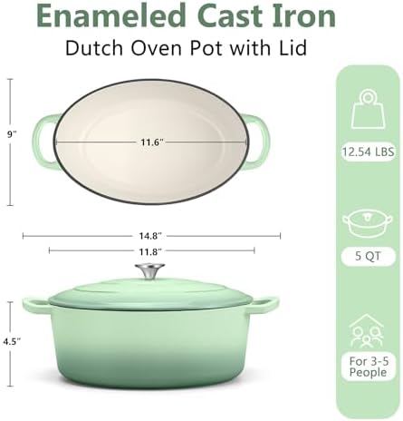 TeamFar Oval Dutch Oven, 5qt Enameled Cast Iron Dutch Oven Pot with Lid