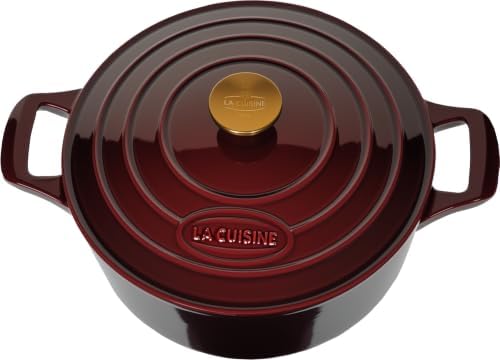 La Cuisine Enameled Cast Iron Dutch Oven Casserole Pot with Golden handle for Lid, Internal Matte Black Enamel Coating, 5 QT 10.5" / 26cm Ø, Oven-Safe 550°F/276°C, Cranberry