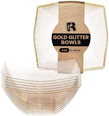 R-kay 6 Pack Gold Small Plastic Serving Bowls 8 oz - Gold Glitter Small Plastic Bowls for Parties, Premium For Weddings Catering And Birthday parties