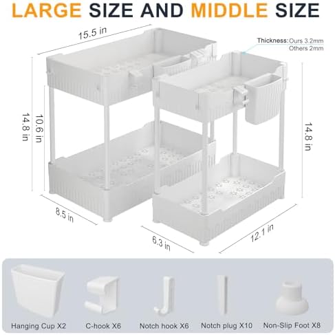 Sevenblue 2-Pack Under Sink Organizer with Hooks & Hanging Cup for Kitchen