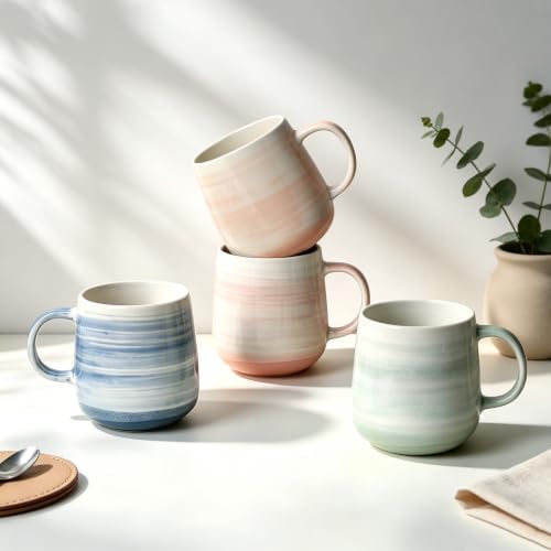 Stoneware Coffee Mugs Set of 4, 12oz Hand-Painted Coffee Cups with Handle