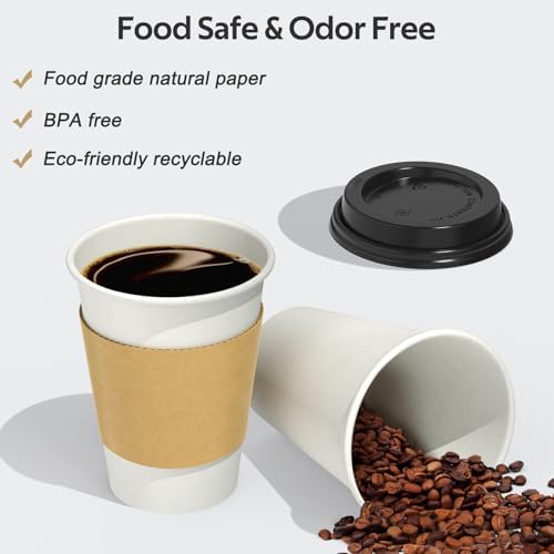Dealusy 100 Pack 12 oz Disposable Coffee Cups with Sip Lids and Sleeves