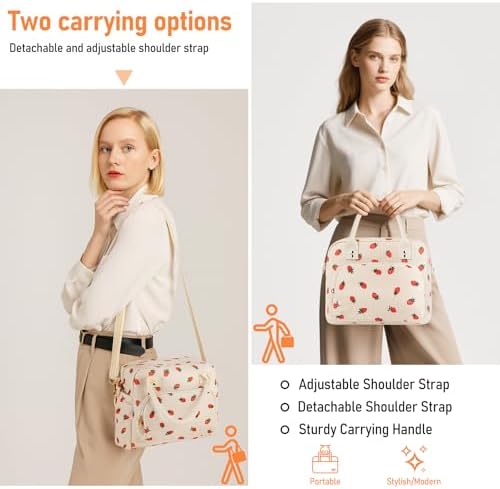 Lunch Bag Large Insulated Lunch Box for Women Adult Cute Beige Strawberry Lunchbox Corduroy Lunch Bags Boxes Pail with Shoulder Strap for Work Mom Picnic Office Travel 11.4×6.8×9.1 inches 11.5L