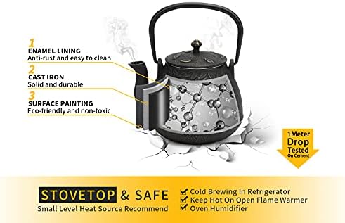 Tea Kettle, TOPTIER Japanese Cast Iron Tea Pot for Stove Top, Cast Iron Teapot Humidifier for Wood Stove, Leaf Design Tea Kettle Coated with Enameled Interior for 32 Ounce (950 ml), Black