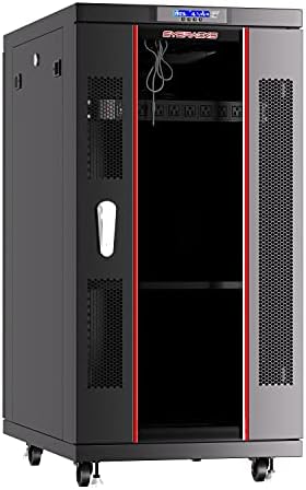 22U Home Server Rack Cabinet – 19" Floor Standing Network Rack, 32" Deep Homelab Rack with Locking Glass Door, Cooling Fans, PDU & Shelf for NAS, Router, Switch and AV Equipment