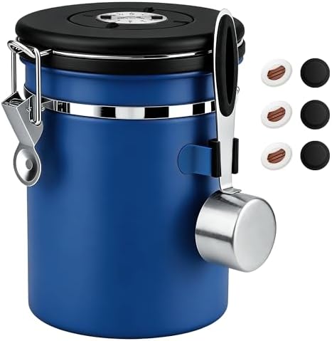 ShanSon Coffee Canister Airtight, Stainless Steel Bean Storage Container with Date Tracker & Scoop, Grounds Sugar Flour Tea Cereal Fits Kitchen Pantry, Ideal Gift for Coffee Lovers,22oz,Blue