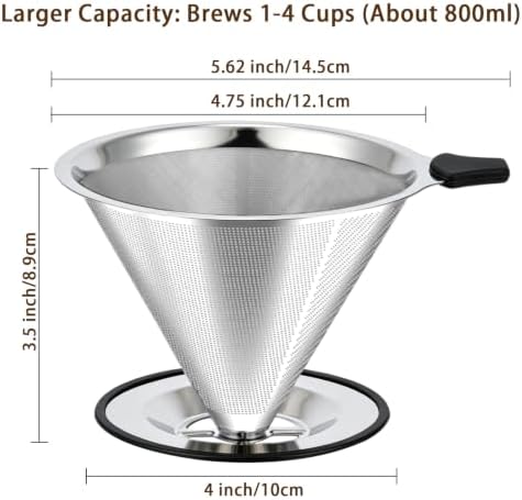 Large Size Pour Over Coffee Dripper, Stainless Steel Coffee Filter, Paperless Reusable Coffee Filter, Double Micromesh 600 Mesh Strainer Coffee Maker with Heat-Resistant Silicone Handle & Base