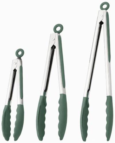 Kitchen Tongs with Silicone Tips, Locking Cooking Tongs, Set of 3