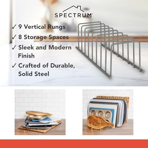 Spectrum Euro Cutting Board Holder Stand for Countertop or Inside Kitchen Cabinet Organization Industrial Gray, 8 Slot Cutting Board Drying Rack or Cabinet Plate Bakeware Storage Organizer