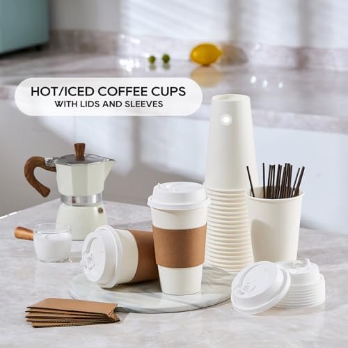 JOLLY PARTY 100 Pack 16 oz Disposable Paper Coffee Cups with Lids & Sleeves