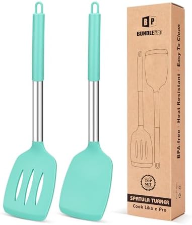 Pack of 2 Silicone Solid Turner, Non Stick Slotted Kitchen Spatulas, High Heat Resistant BPA Free Cooking Utensils, Ideal Cookware for Fish, Eggs, Pancakes(Green)