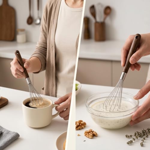 Mini Whisk 11.2 in, 304 Stainless Steel Balloon Head, Walnut Handle