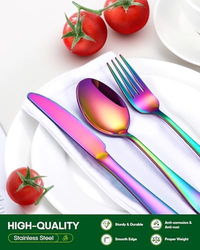 PHILIPALA 20 Piece Rainbow Silverware Set, Stainless Steel Flatware Set for 4 Colorful Novelty Flatware Cutlery Utensil Set Include Knife Fork Spoon Food Grade Mirror Polished Dishwasher Safe