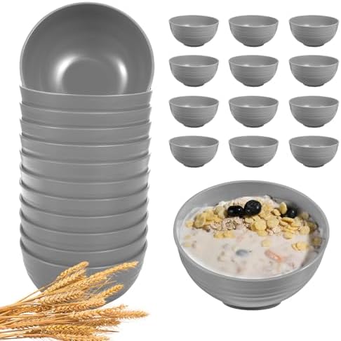 HEYCOME 12 Pcs Unbreakable Cereal Bowls Set, 26 Oz Wheat Straw Bowls Set, Microwave & Dishwasher Safe Bowls for Kitchen, Reusable Plastic Bowls for Soup, Salad and Snack, BPA Free, Light Gray