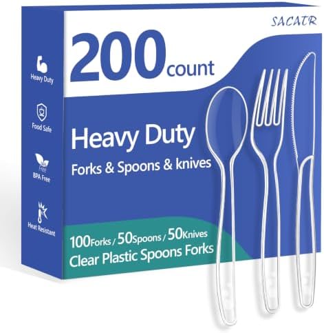 SACATR 200 Count Clear Plastic Silverware Heavy Duty -Forks, Spoons,Knives