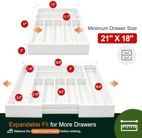 Large Premium Bamboo Silverware Organizer - Expandable Drawer Organizer & Utensil Organizer - 17"x19.7" Cutlery Tray with Dividers for Kitchen Utensils and Flatware (7-9 Slots) (White)