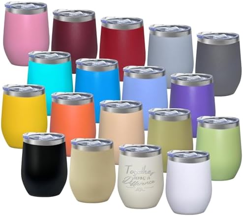 18 Pack Stainless Steel Wine Tumbler with lid, 12oz Insulated Powder Coated Wine Tumbler Stemless Double Wall Vacuum Wine Glass Coffee Tumbler Bulk Laser Engrave, DIY Gift, 18 Colors