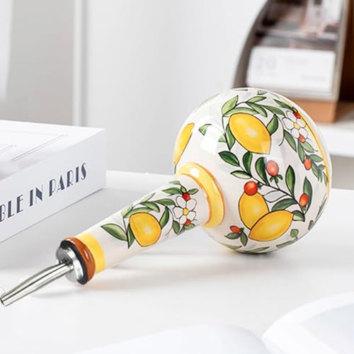 Ceramic Olive Oil Dispenser Bottle – 18.3 oz Oil Cruet with Spout and Handle, Lemon Pattern, 10.2” Tall – Non-Drip Pourer for Kitchen Counter, Salad Dressing, Vinegar, Decorative Oil Container