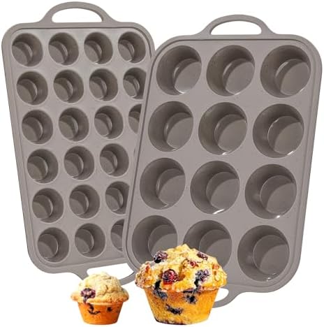 CAKETIME Silicone Muffin Pans for Baking, Metal Reinforced Frame Regular 12 Cups & Mini 24 Cups Cupcake Pan Set Nonstick Muffin Pan for Homemade Baking Easy to Handle
