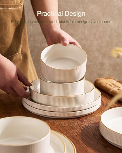 Famiware Stoneware Dinnerware Set with Mugs, Plates and Bowls, Dishes for 4