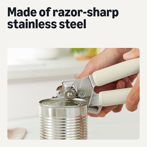 Amazon Basics Manual Can Opener with Stainless Steel Construction, Soft Grip Handle, Dishwasher Safe, Linen Gray