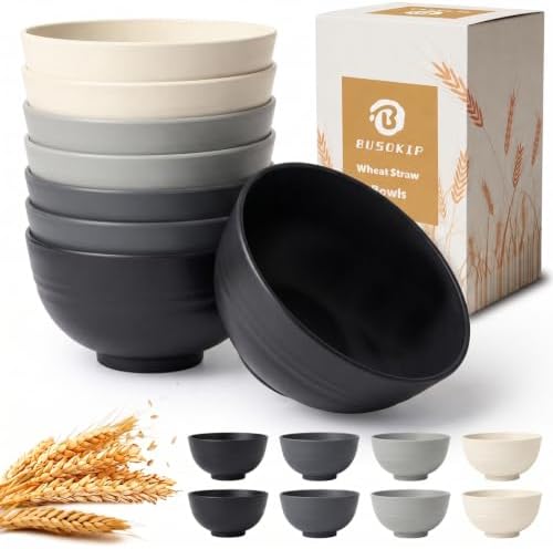 Wheat Straw Bowls Sets of 8, 10oz Small Plastic Bowl Reusable, Unbreakable Dessert Bowls, Microwave & Dishwasher Safe Snack Bowl for Kitchen, Party, Mini Bowls for Ice Cream - BlackBeige