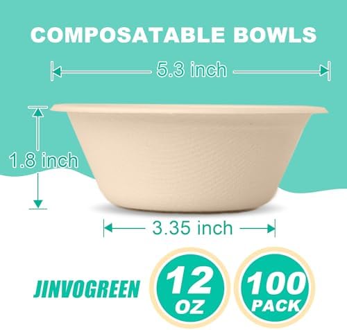 JINVOGREEN 100 Count 12 oz Paper Bowls Disposable Compostable Bowl, Natural