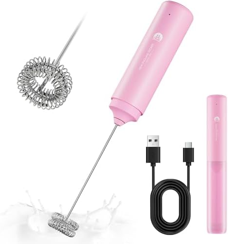 Rechargeable Milk Frother Handheld, 2-IN-1 Dual Spring Whisk Electric Frother Wand for Cappuccino Latte Macchiato, Portable Drink Mixer for Coffee, Matcha, Hot Chocolate