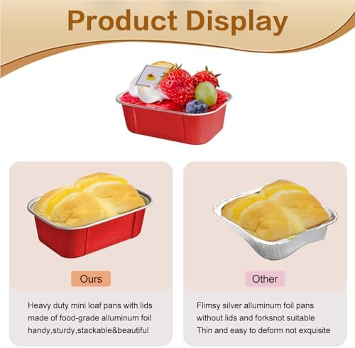 Mini Cake Pans With Lids And Spoons,5.5 oz Rectangle Mini individual Loaf Pans Disposable Aluminum Foil Small Baking Cups Tins (200, Red)