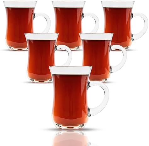 Tea Glasses with Handle Set of 12, Slim Waist Design & Thick Base, Teacups