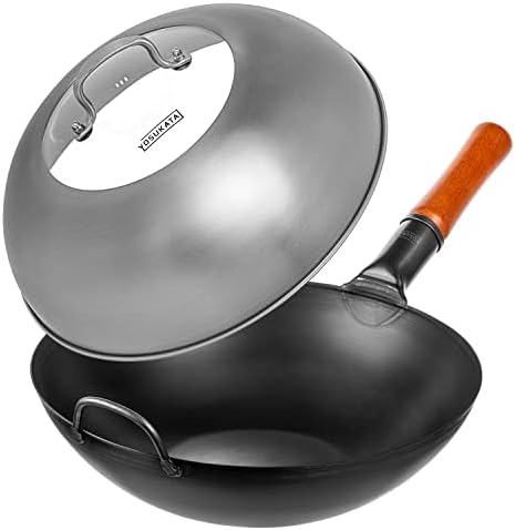 YOSUKATA Carbon Steel Wok Pan – 13,5 “ Woks and Stir Fry Pans + Wok Lid 12.8 Inch - Premium Stainless Wok Cover with Tempered Glass Insert Steam Holes and Ergonomic Handle
