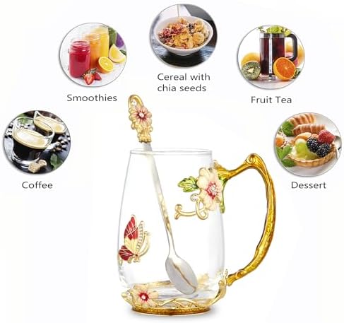 Flower Tea Cup,Clear Glass Fancy Coffee Mug with Spoon,Gift Box for Her Mom Wife Grandma Girls Friends Valentines Christmas Birthday Present Idea for Juice Milk Hot And Cold Drinks Use