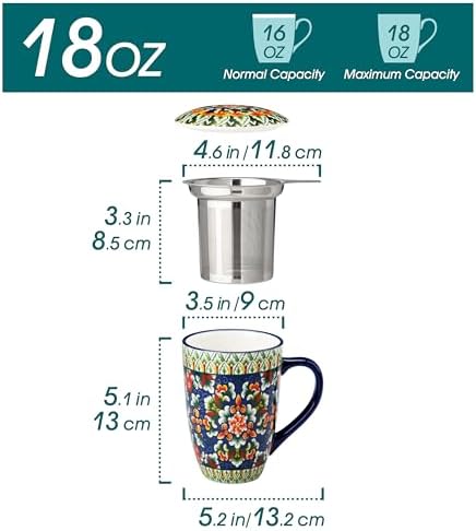 vancasso Ceramic Tea Mug with Infuser and Lid, 18 Ounce Bohemian Loose Leaf Cup, Microwave & Dishwasher Safe, Perfect for Tea, Coffee, Sage-Scarlet Floral