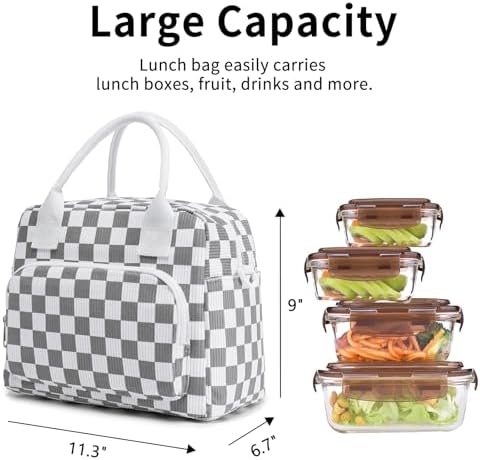 Lunch Bag Women Lunch Box for Women Adult Cute Insulated Lunch Bag Lager Cooler Lunch Tote Bags for Work Picnic (Beige-Gray Plaid)