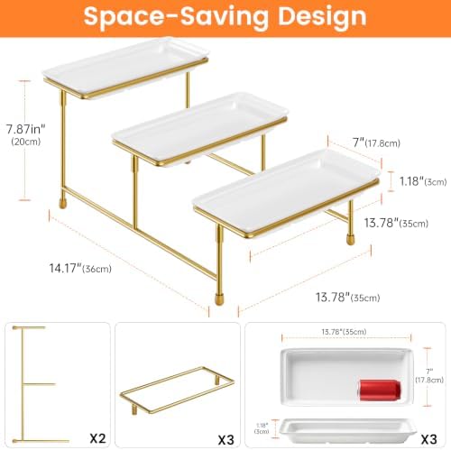 3 Tier Serving Tray, 15" Steel Stand, BPA Free Tiered Platter, Gold
